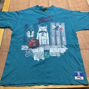 Vintage Charlotte Hornets Single Stitch Sz Large T-Shirt Nutmeg Mills Buzz‎ USA